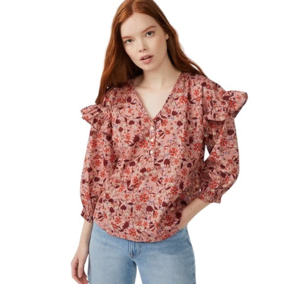 Free Assembly 100% Cotton Boho Floral Ruffle Sleeve Shirt Size M - Picture 1 of 10